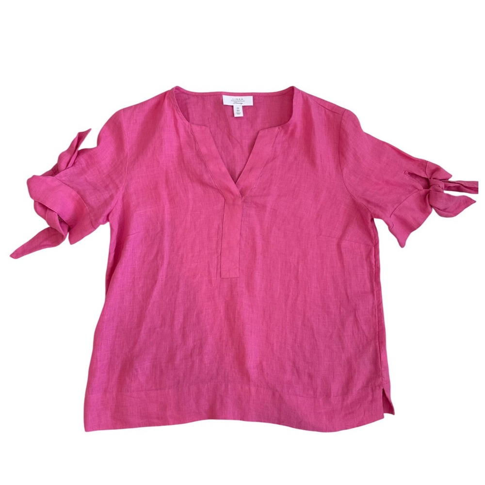 Charter Club Luxury Pink 100% Linen Tie Sleeve Split Neck‎ Blouse Top XS NWT